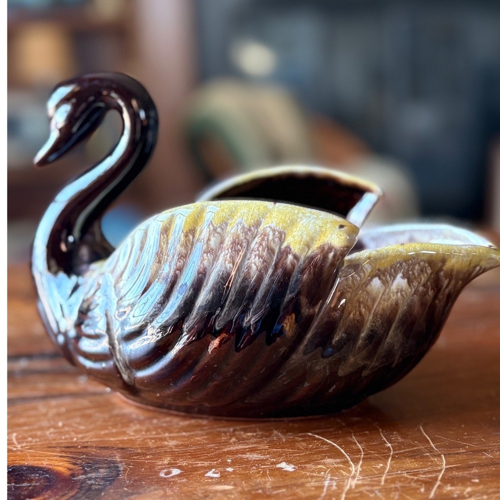 Vintage Ceramic Swan Planter Brown Yellow Drip Glaze Made in Japan MCM Decor